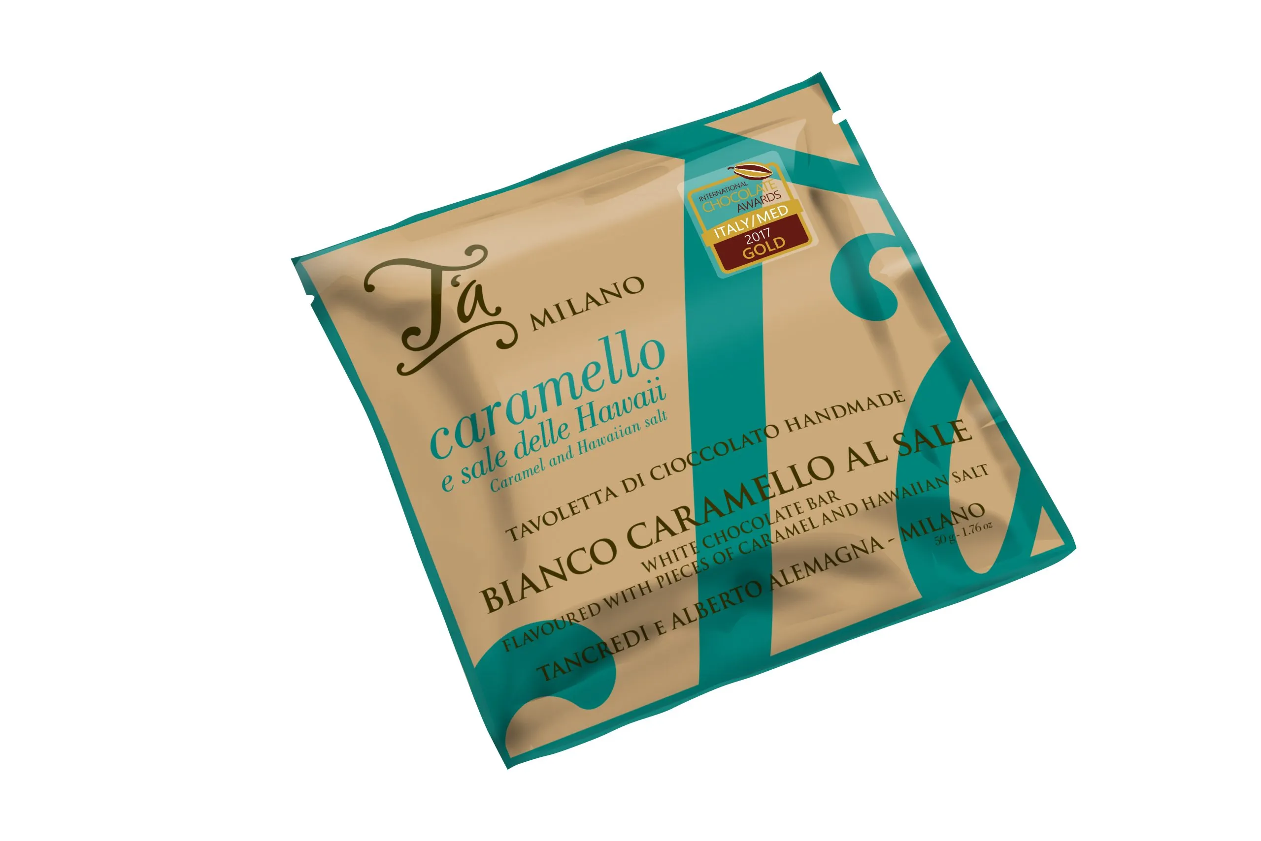 Biela mliečna čokol&aacute;da s karamelom a havajskou soľou, 50 g