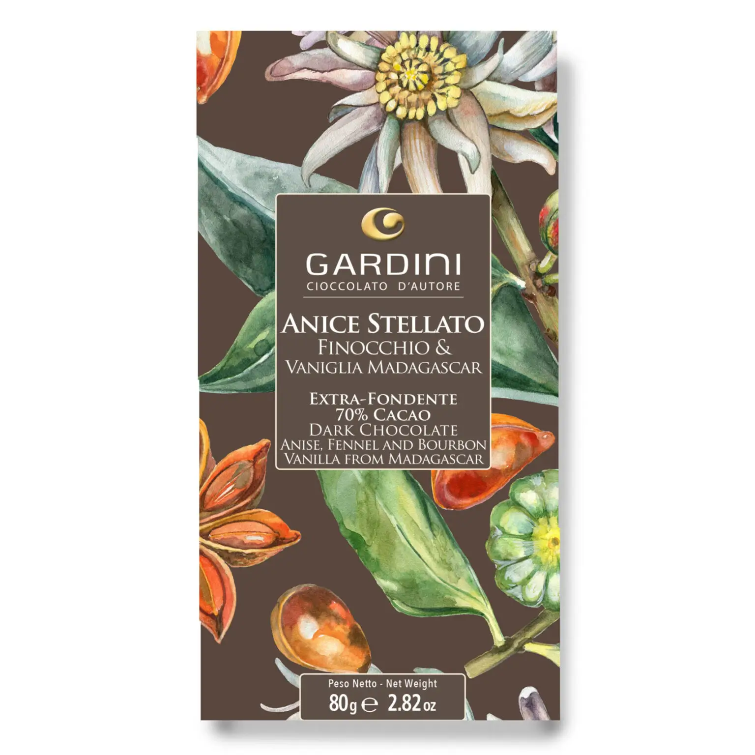 Extra horká 70 % čokoláda s badiánom, feniklom a bourbon vanilkou z Madagaskaru, 80 g