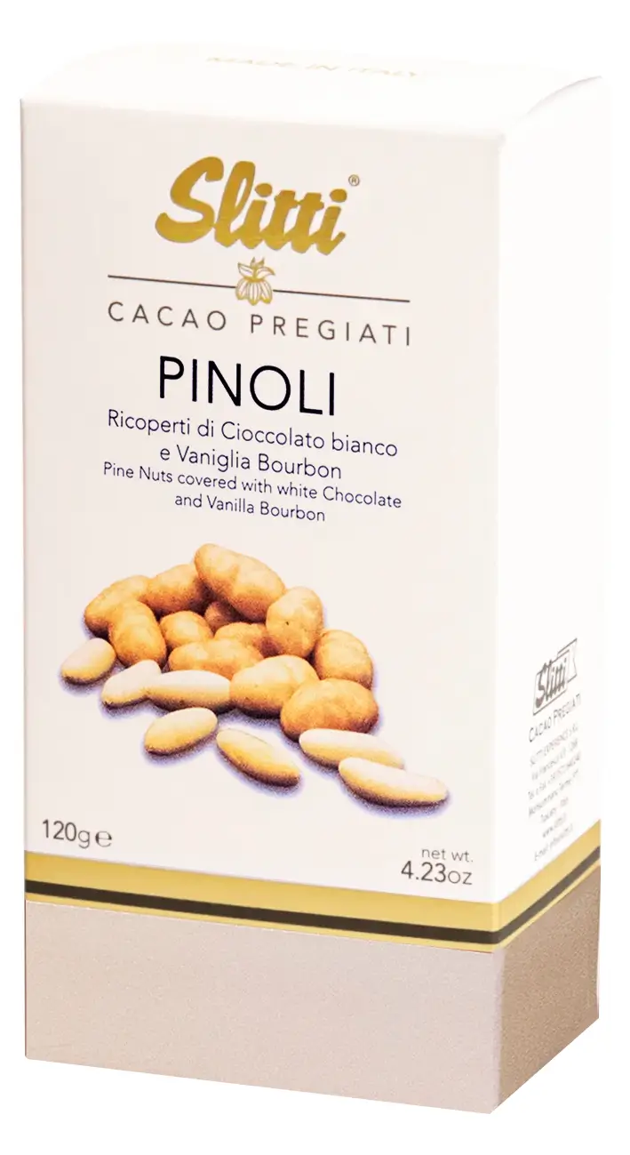 P&iacute;niov&eacute; orie&scaron;ky v bielej čokol&aacute;de - Pinoli, 120 g
